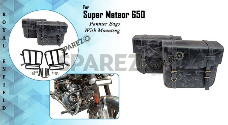 Royal Enfield Super Meteor 650 LH-RH Pannier Bags Pair With Mounting Pair Black - SPAREZO